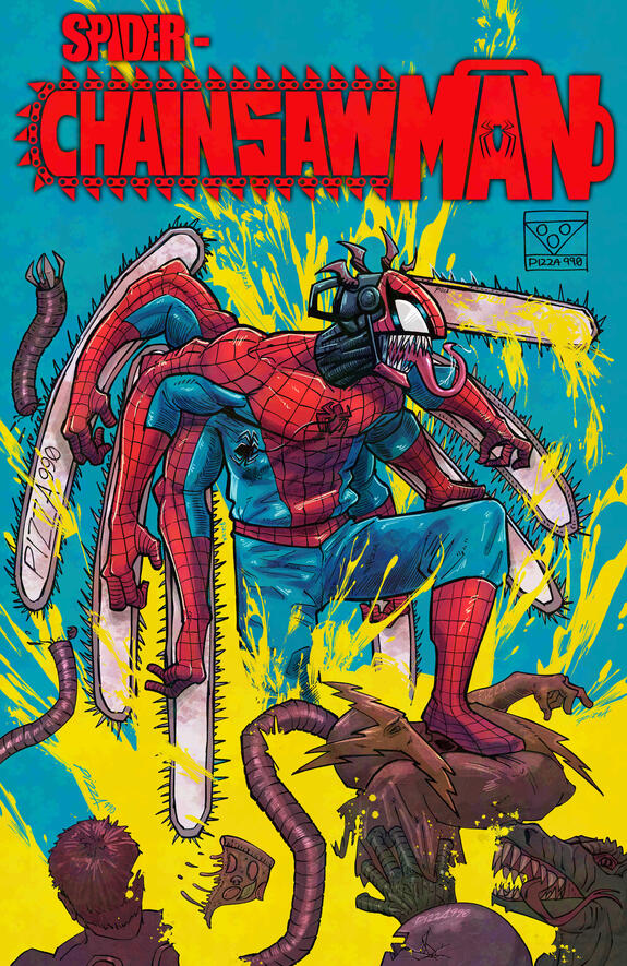 Spider-Man and Chainsaw Man Crossover Cover Art (Inspired by Tatsuki Fujimoto's cover art for "Chainsaw Man Vol. 1")